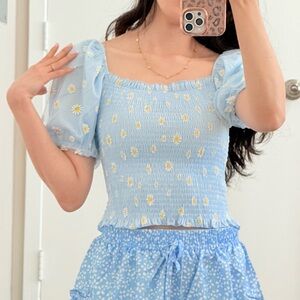 #021 | Smocked Puff Sleeve Top | Blue Daisy | XS/S | On/Off Shoulder
